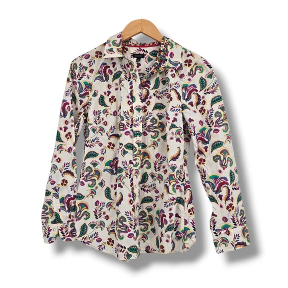 Talbots Womens Small White Multi Color Paisley Cotton Button Down Shirt ID34